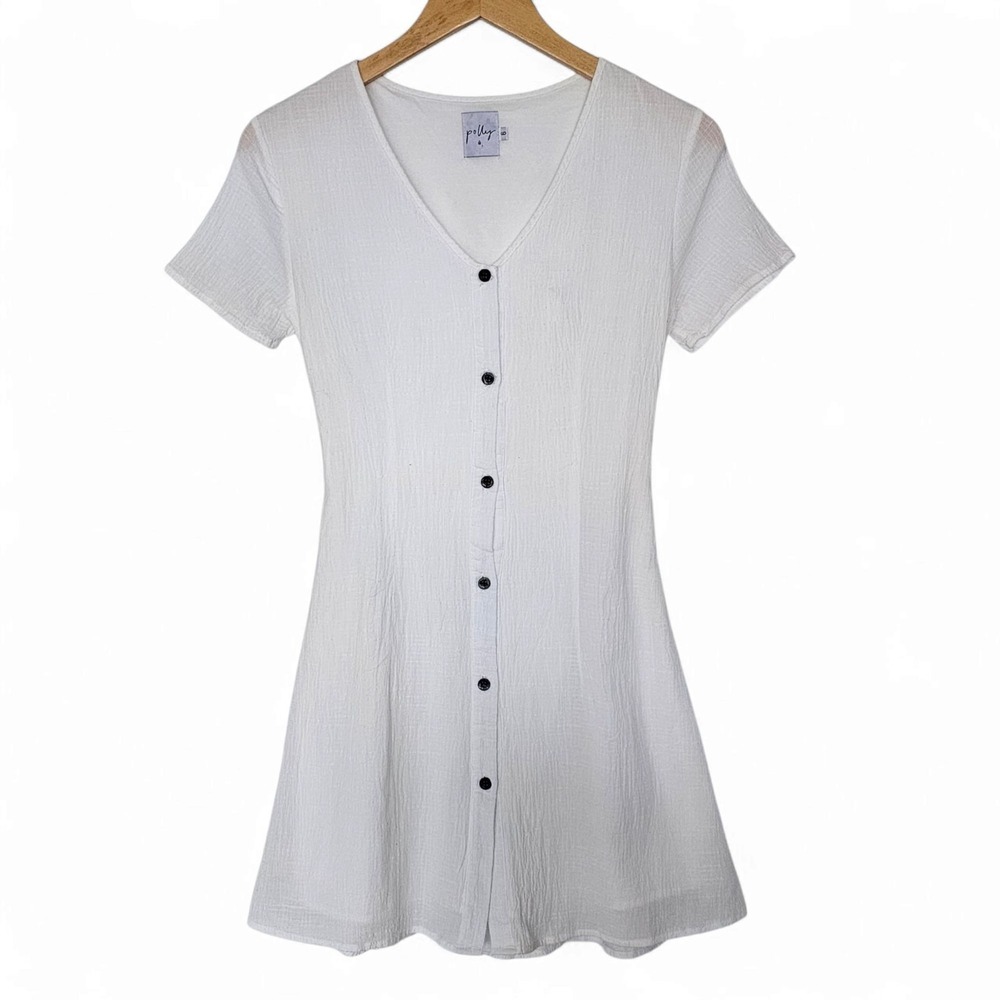 Polly White Dress Size 6 Button‎ Front Short Sleeve Tie Back